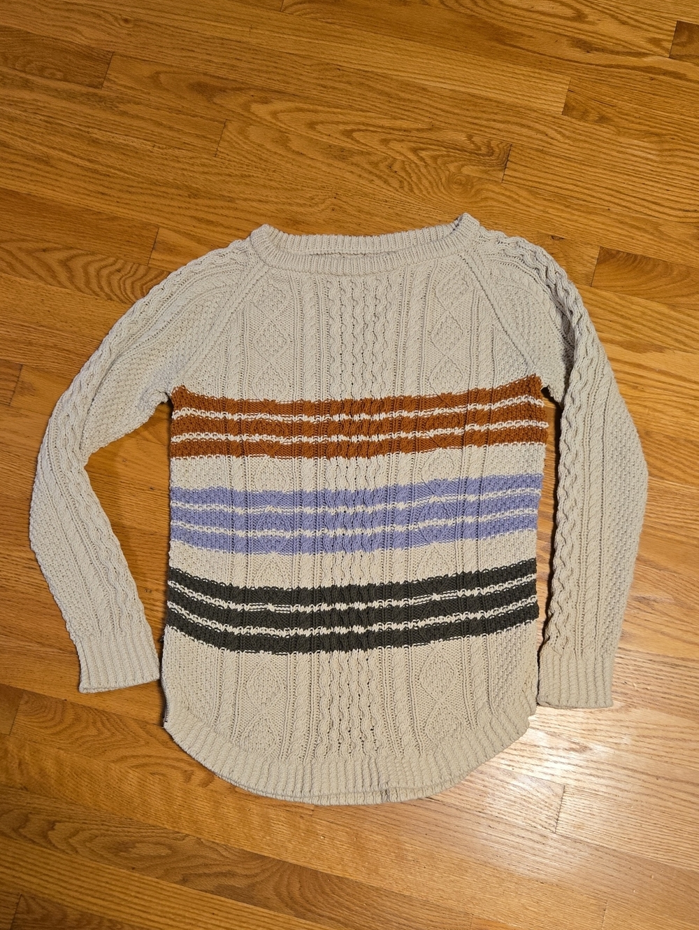 Striped Cable Knit Women's Sweater - Cream with Rust, Lavender & Olive Stripes